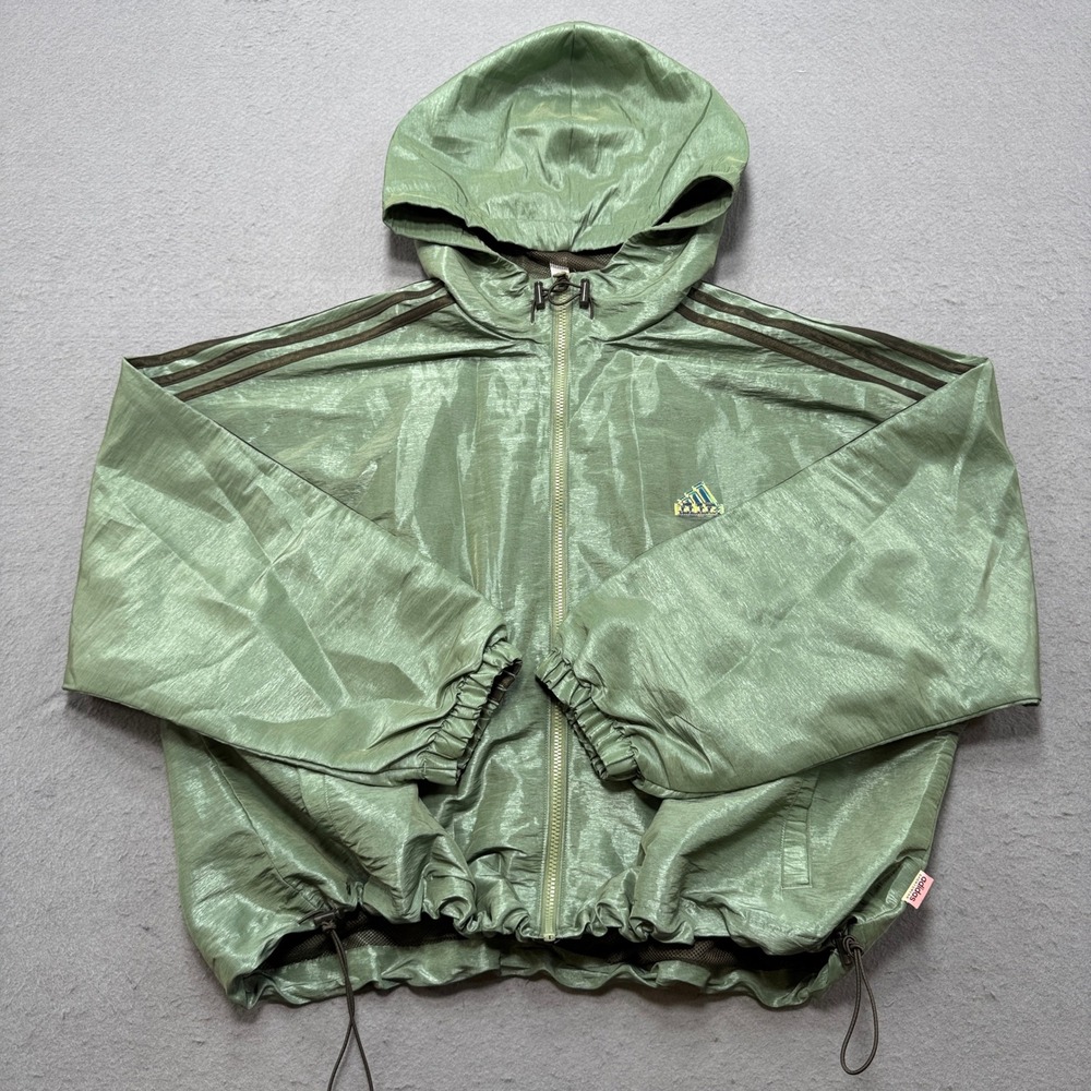 Adidas Track Jacket Women's Large Green Hooded Mesh Lined Trefoil Windbreaker